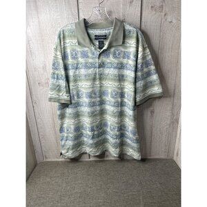 Field & Stream Mens XL Green Blue Patterned Polo Shirt Palm Trees Casual Cruise